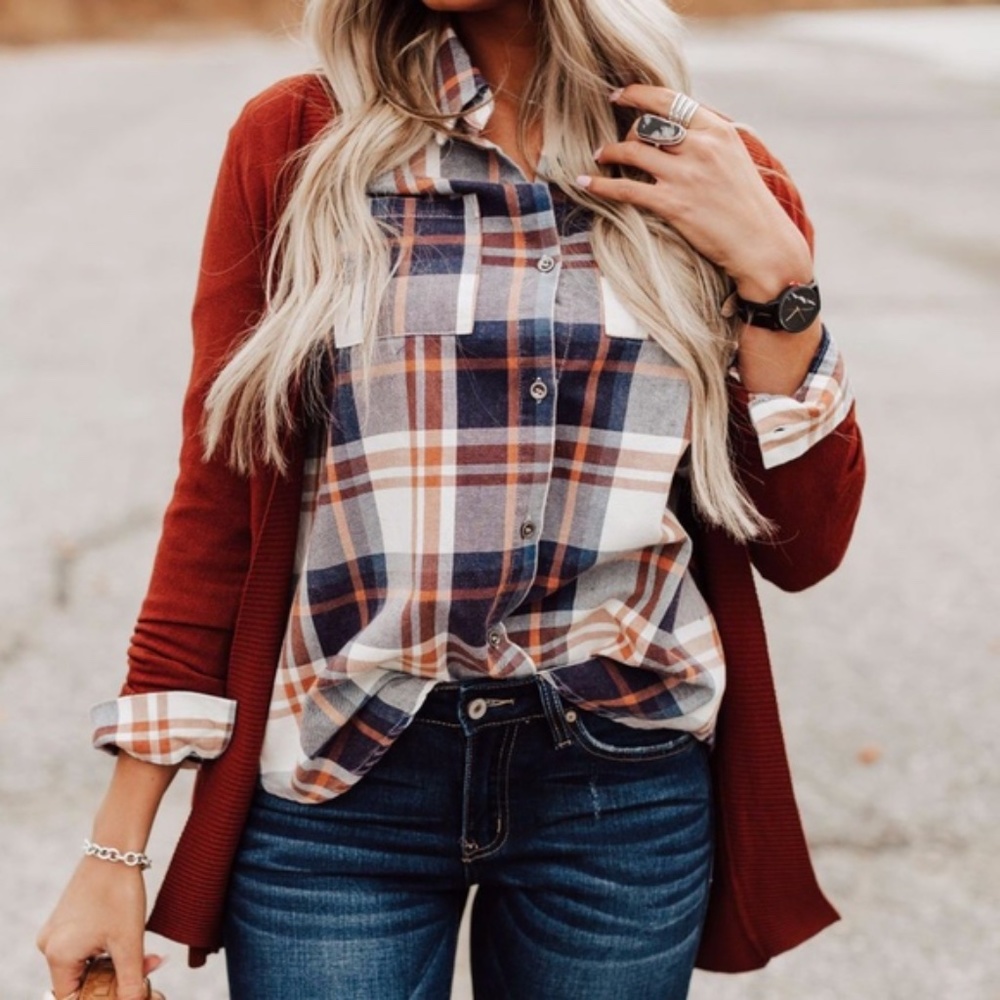 Plaid Button Down Casual Top - Picture 1 of 12